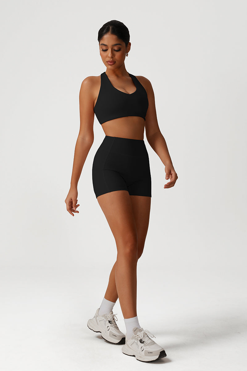 Women Cross Back Yoga Set: Removable Padding Sports Bra + High Waist Shorts
