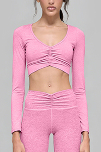 Women's Athletic V-Neck Ruched Cropped Long-Sleeve Top