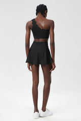 Women Wave Scoop-Neck Seamless Plus Size Tennis Set - Quick-Dry One-Shoulder Bra & Ruffle Hem Skirt