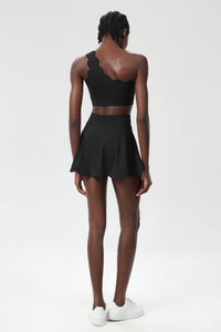 Women Wave Scoop-Neck Seamless Plus Size Tennis Set - Quick-Dry One-Shoulder Bra & Ruffle Hem Skirt
