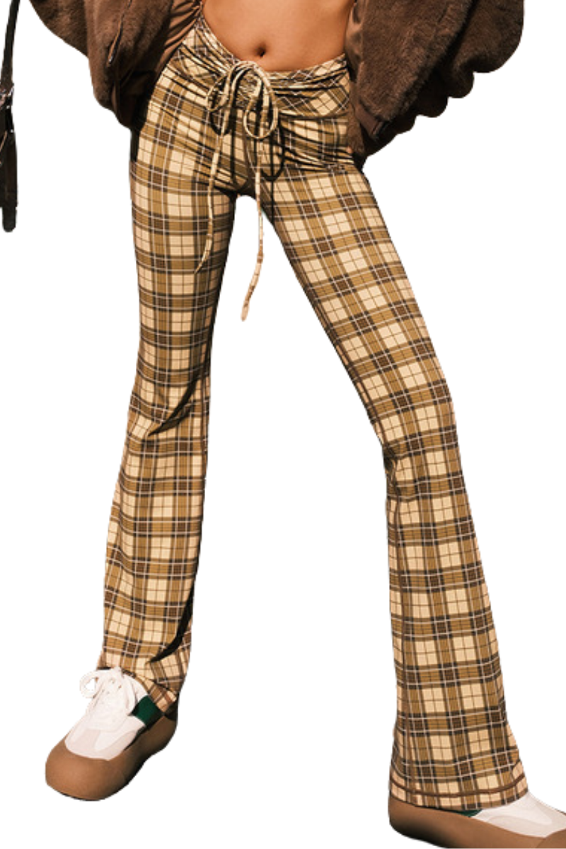 Women's Plaid Print Drawstring Flared Athletic Pants