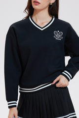 Women's Tennis Embroidered V-Neck Color-Block Pullover Sweatshirt