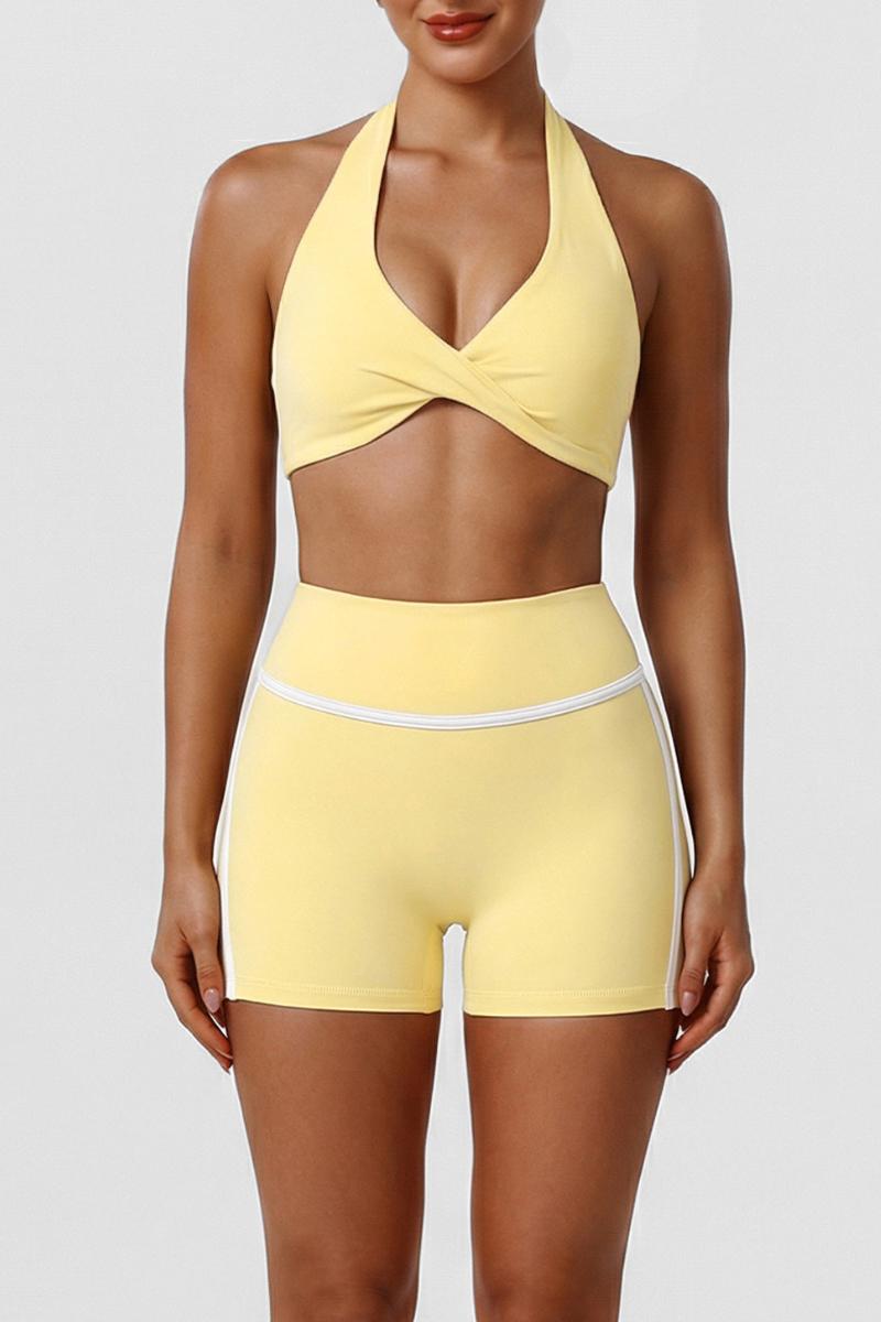 Women's Sets:Twist Front Halter Bra& Color-Blocked Shorts