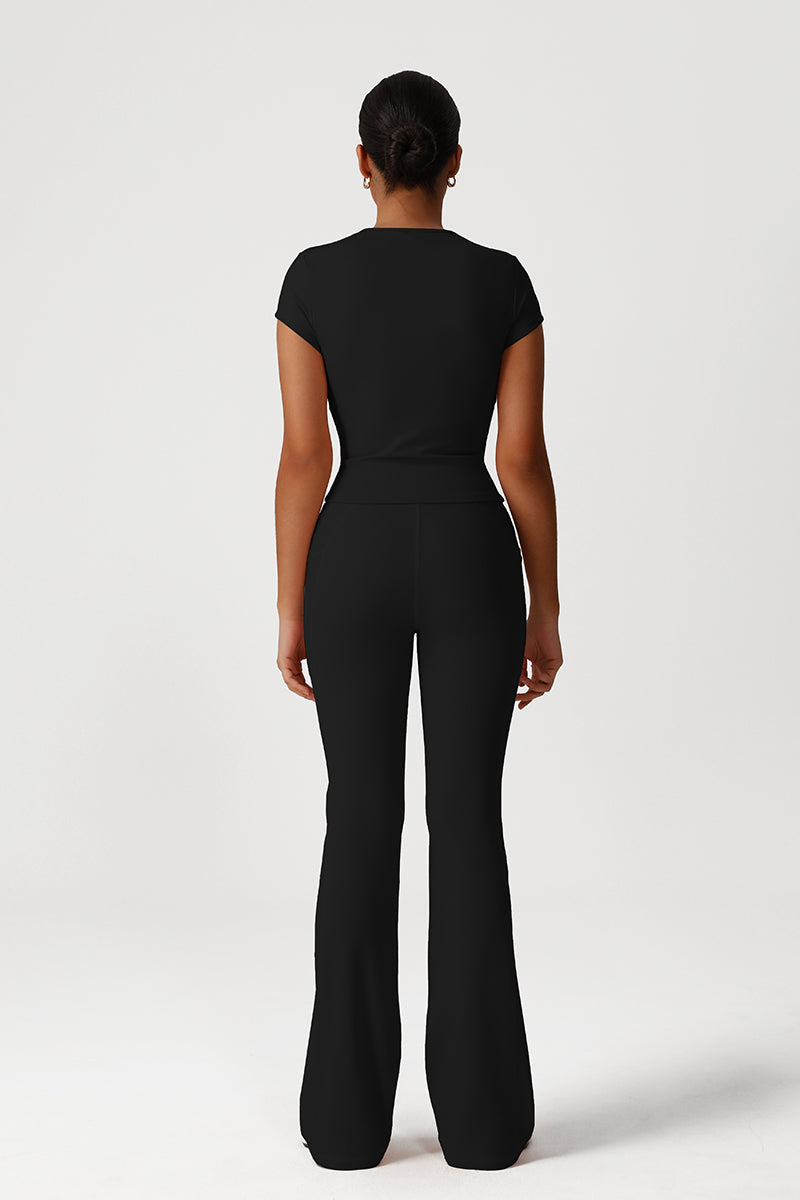 Women Naked Feel Yoga Set: Short Sleeve Top + Flared Pants