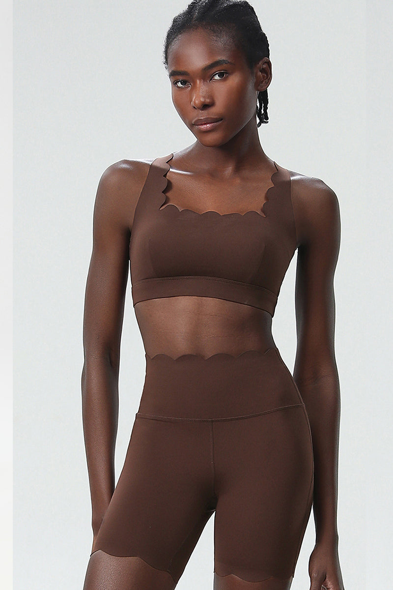 Women Wave-Edge Yoga Set: Double Shoulder Bra + Quick Dry Lycra Fitness Sports Shorts