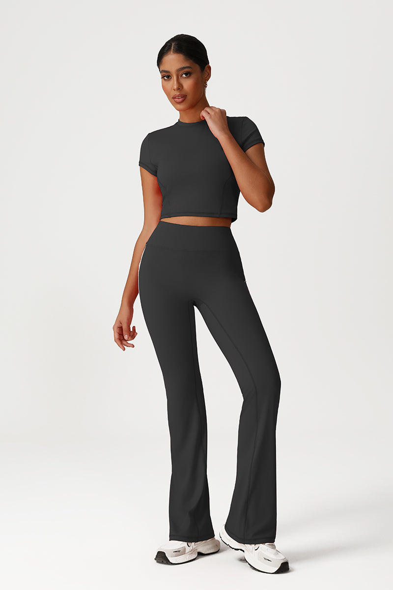 Women Seamless High Waisted Flared Yoga Set: Cropped T-Shirt + Flared Leggings