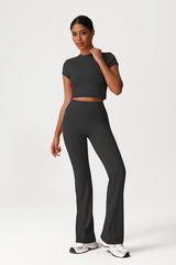 Women Seamless High Waisted Flared Yoga Set: Cropped T-Shirt + Flared Leggings
