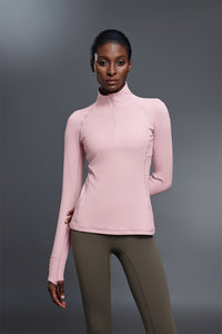 Women Stand Collar Half Zip Slim Fit Workout Long Sleeve Top