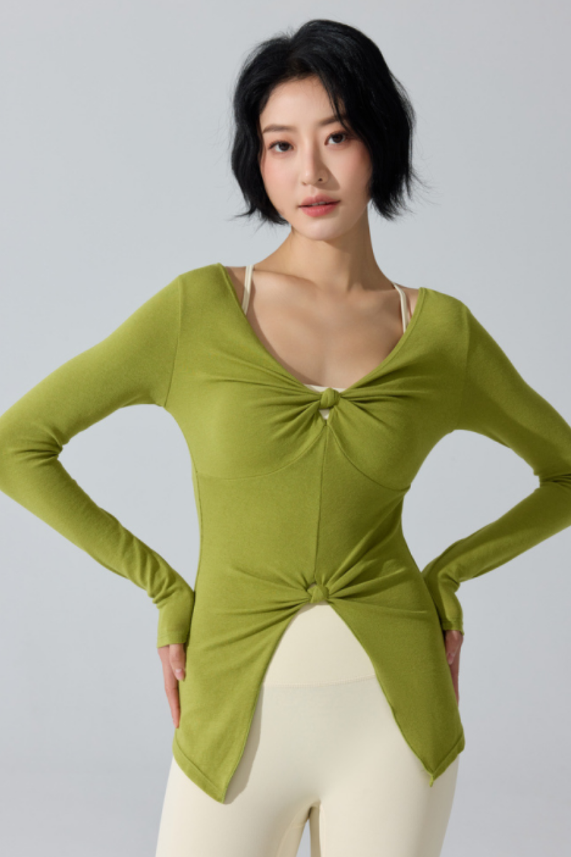 Women's Ribbed Double Twist Split V Neck Pilates Slim Fit Top
