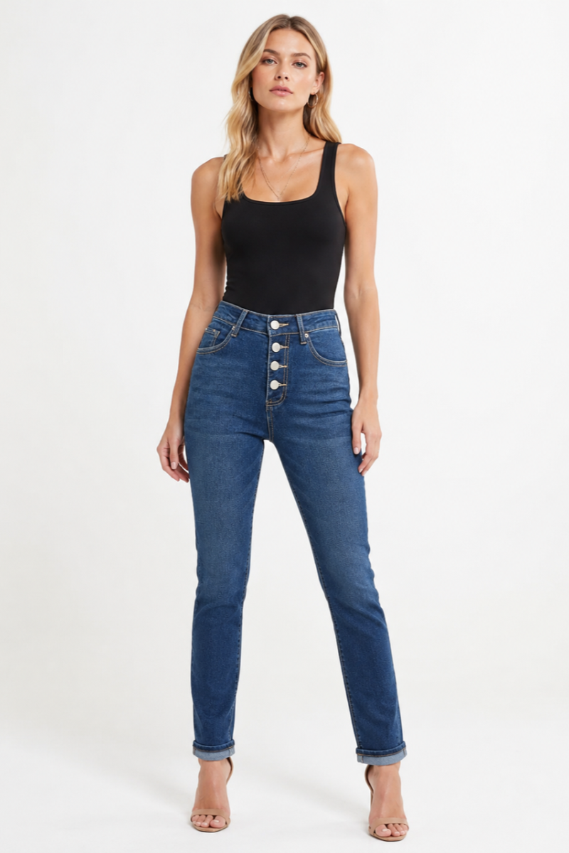 Women's High Waist Stretch Button Fly Skinny Jeans