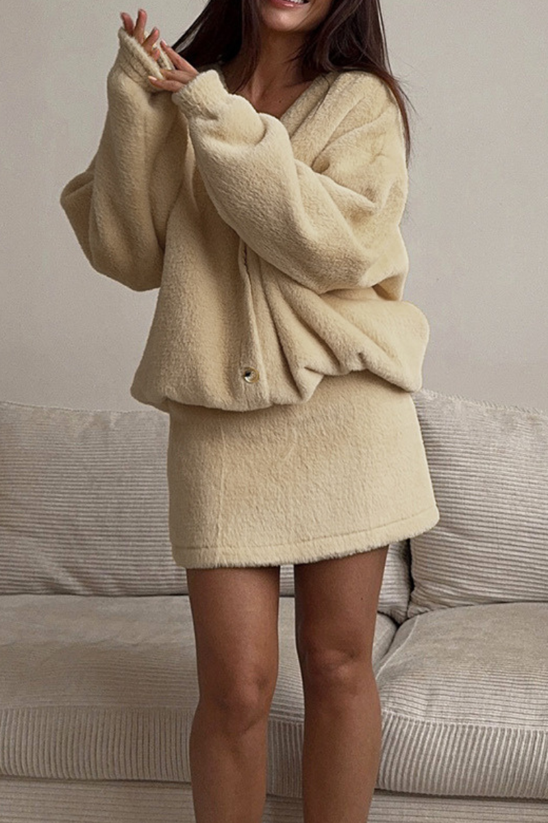 Plush cardigan and short skirt set