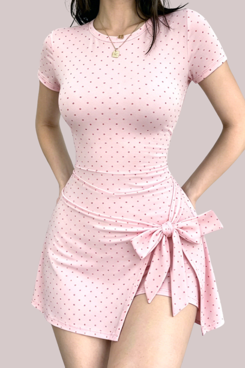 Women's Round-Neck Polka Dot Mini Dress With Waist Bow Tie