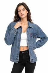 Women's Classic Blue Relaxed Denim Jacket with Red Tag