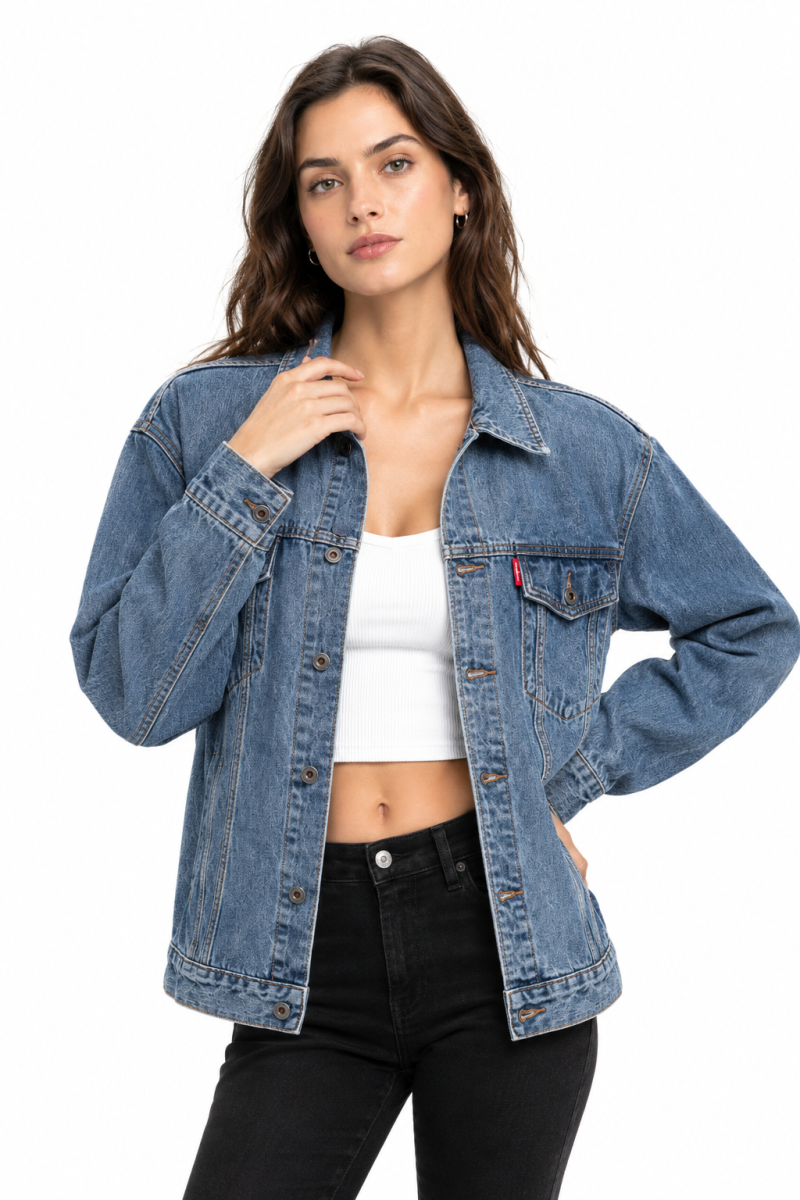 Women's Classic Blue Relaxed Denim Jacket with Red Tag