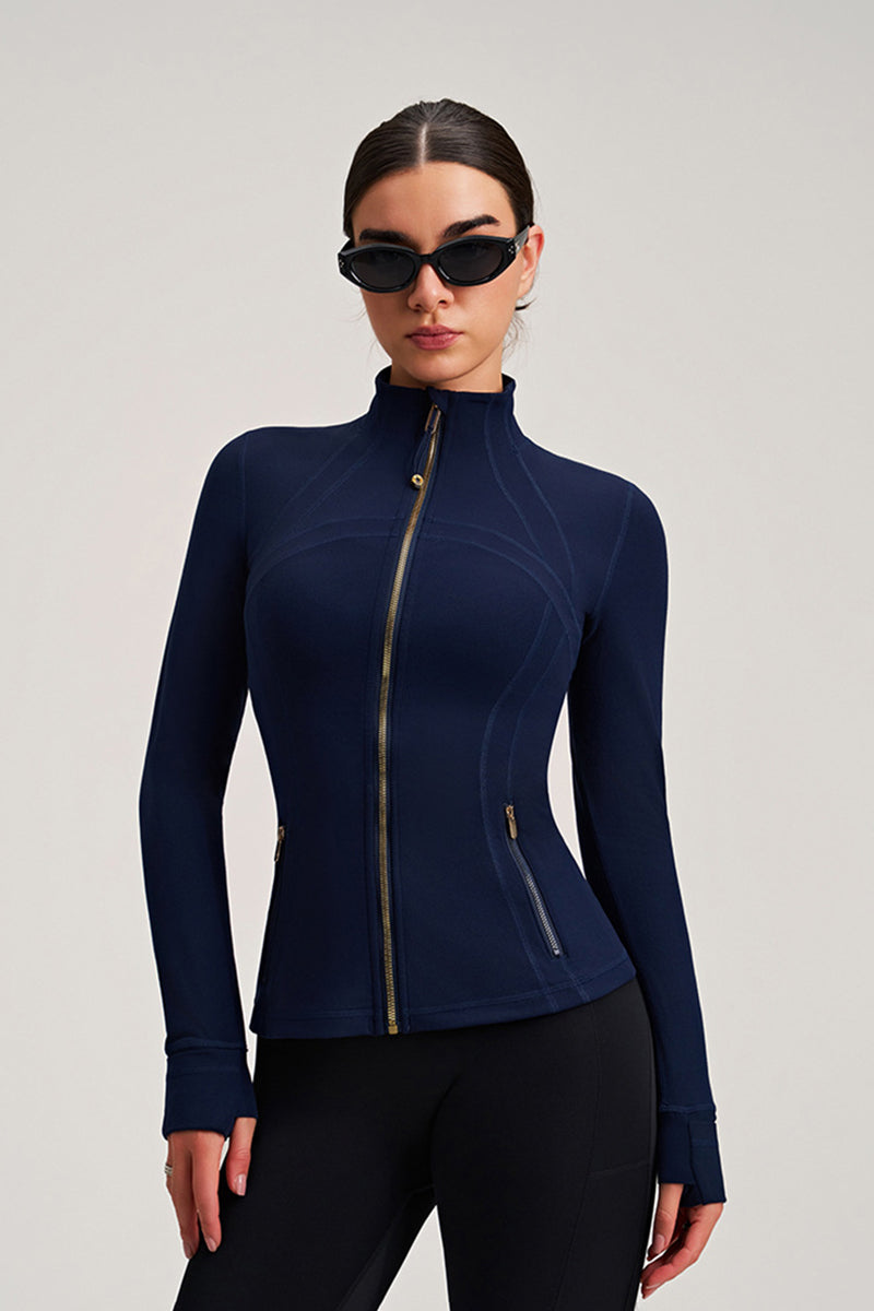 Women Stand Collar Gold Zipper Slim Fit Yoga Jacket Running Workout Top