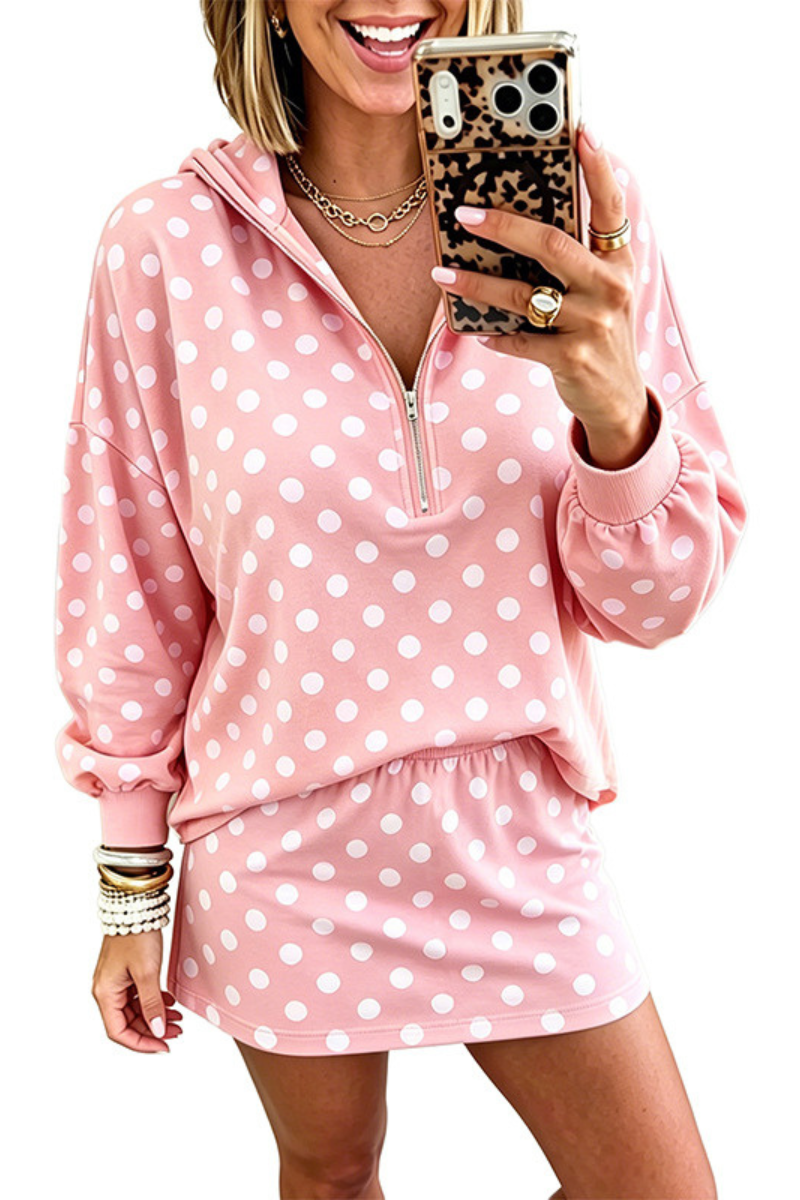 Women's Fall Set:Quarter Zip Polka Dot HoodieAnd Mini Skirt