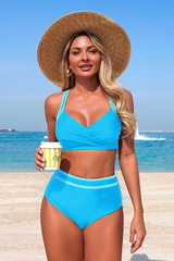 Women's V-neck Color Block High Waist Cross Back Bikini