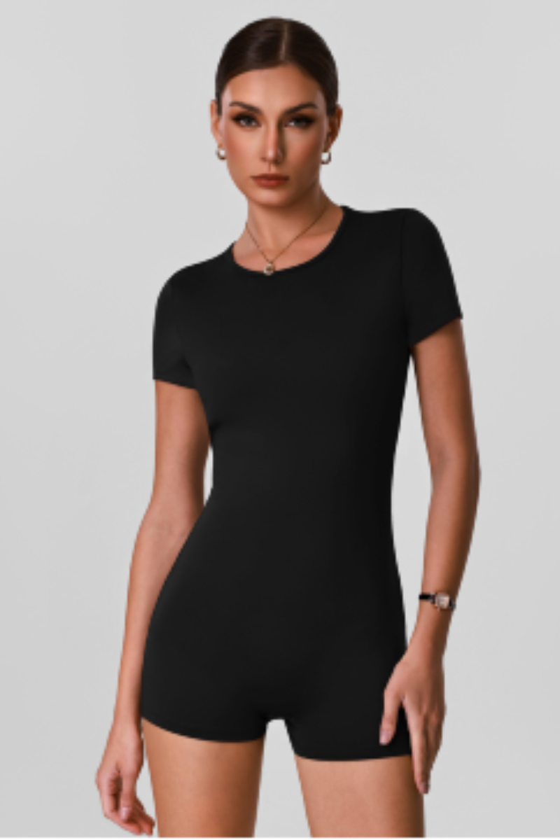Women's Solid Open-Back Short-Sleeve Workout Jumpsuit