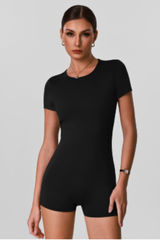 Women's Solid Open-Back Short-Sleeve Workout Jumpsuit