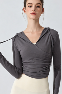 Women's V‑Neck Ruched Cropped Slim Fit Athletic Hoodie