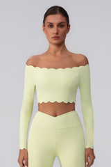Women's Scalloped Off-Shoulder Cropped Long-Sleeve Sport Top