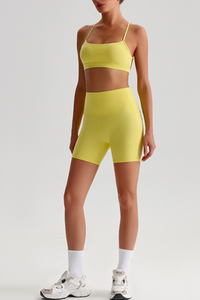 Women's Bare Feel Cross Back Bra & Side Pocket Shorts Set