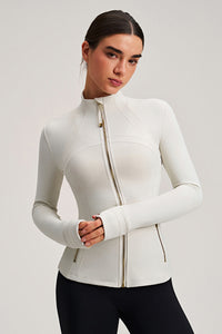 Women Stand Collar Gold Zipper Slim Fit Yoga Jacket Running Workout Top