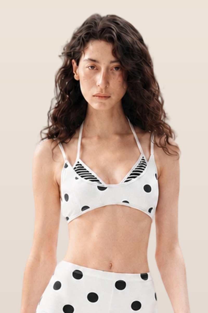 Women's Polka Dot Vintage Faux Two-Piece Halter Sports Bra