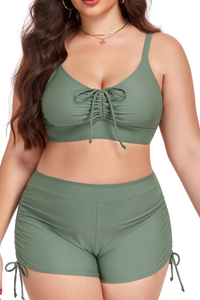 Plus Size Women's Pleated Drawstring Solid Bikini