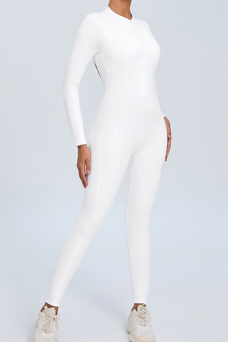 Women Zipper Long Sleeve Long Pants Nude Outfit Fitness Sports Tight Yoga Jumpsuit