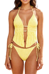 Women's Textured Halter Deep V Drawstring Bikini Set