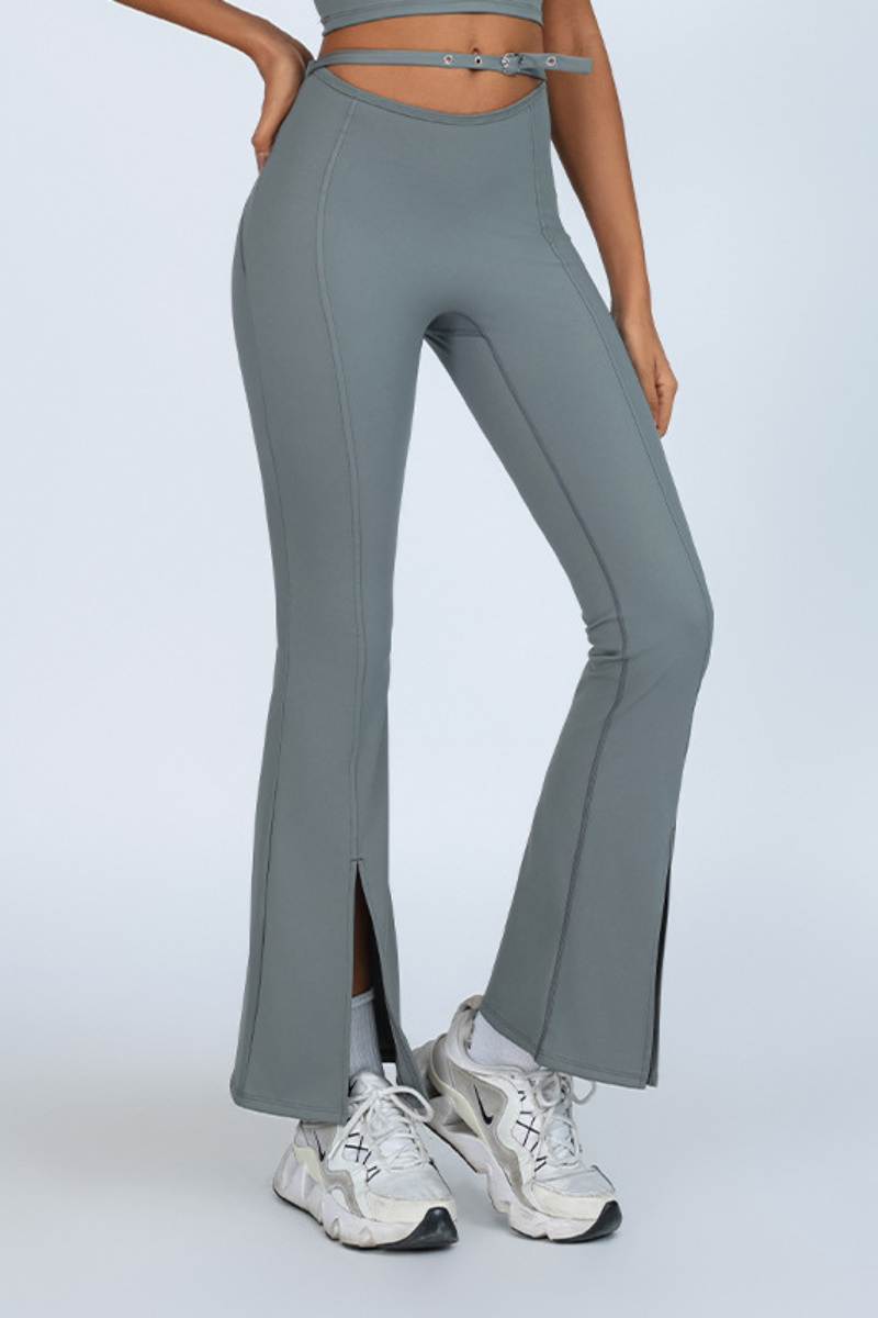 Women's Sports Buckle Waist Cutout Flare Pants with Slit