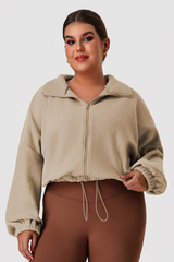 Plus Size Women's Double-Sided Fleece Cropped Drawstring Stand Collar Jacket