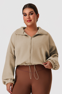 Plus Size Women's Double-Sided Fleece Cropped Drawstring Stand Collar Jacket