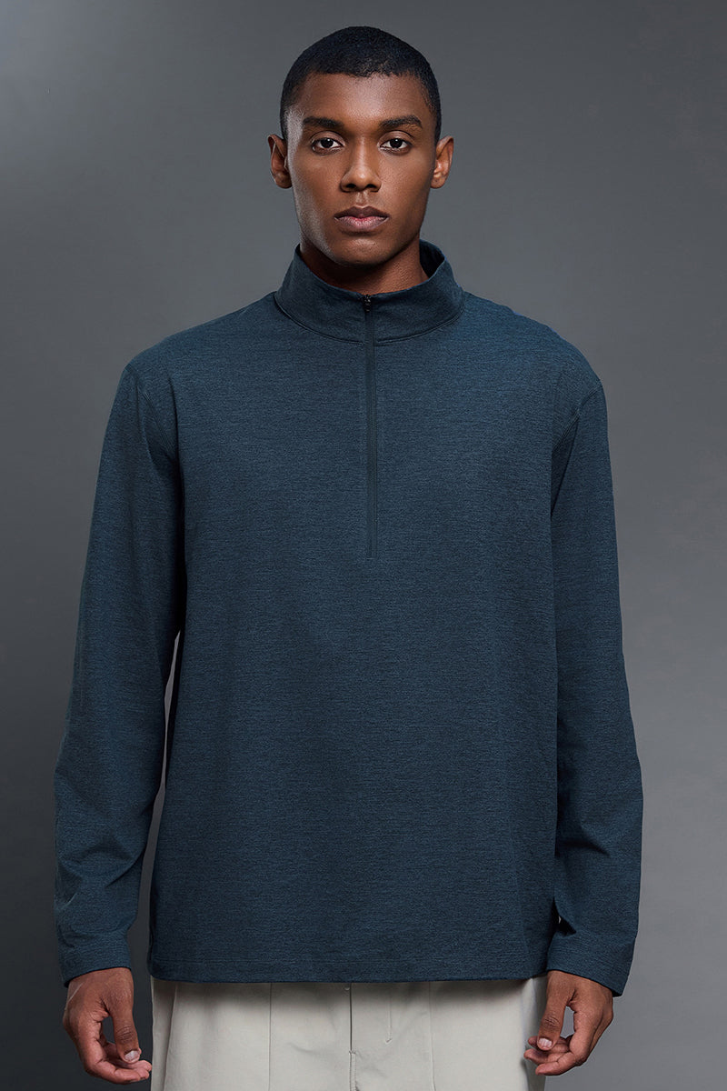 Men Half-Zip Stand Collar Breathable Loose Long Sleeve T-Shirt