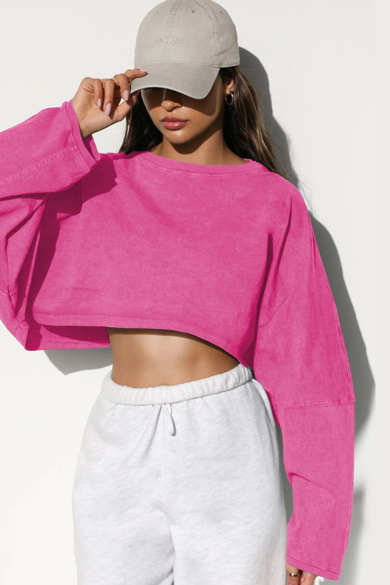 Women's Fall Cropped Drop Shoulder Relaxed Long Sleeve Top