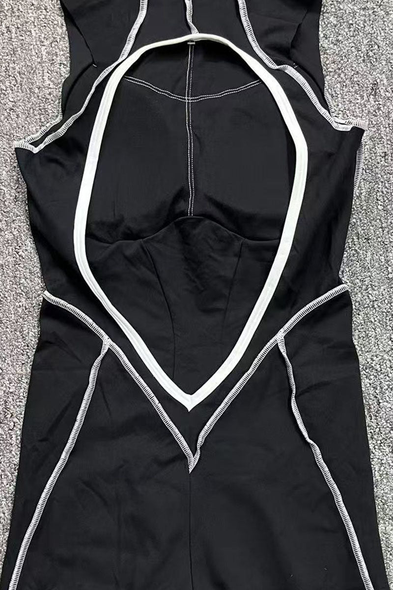 Women Patchwork Color Clash High Stretch Skinny Back Sports Fitness Yoga Bodysuit