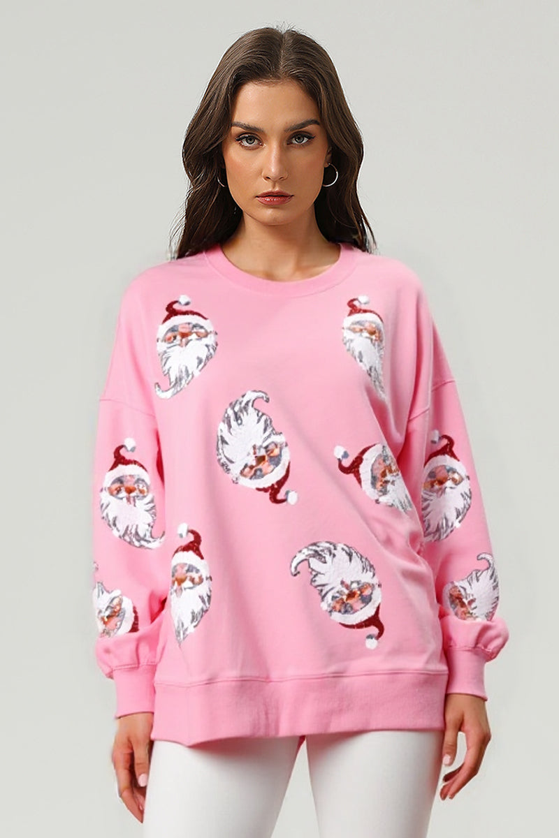 Women's Christmas Santa Portrait Sequin Embroidered Pullover Sweatshirt
