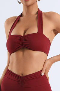 Women's Solid Halter Neck Ruched Front Padded Sports Bra