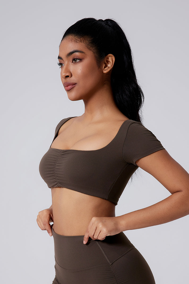 Women Square Neck Crop Removable-Pad Pleated Sculpting Workout Short Sleeve