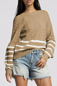 Women's Winter Crew Neck Cable Knit Contrast Stripe Sweater