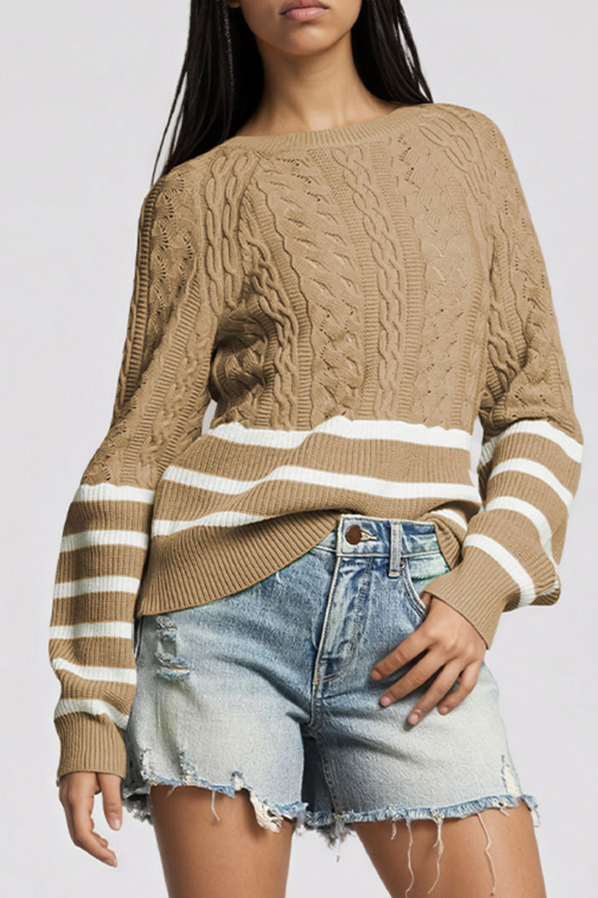 Women's Winter Crew Neck Cable Knit Contrast Stripe Sweater