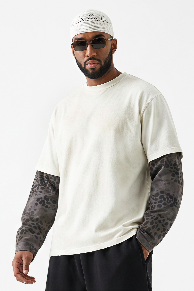 Men's Fall 100% Cotton Leopard Print Splicing Fake Two-Piece Long Sleeve Tee