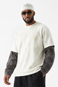 Men's Fall 100% Cotton Leopard Print Splicing Fake Two-Piece Long Sleeve Tee