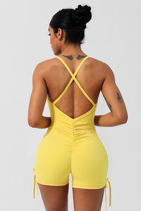 Women Criss Cross Back Drawstring Sport Jumpsuit