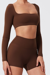 Women's Cropped Long Sleeve Top & Ruched Yoga Shorts Set