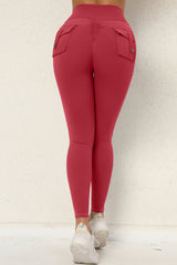 Women Button Work Pocket High Waisted Hip Lifting Stretchy Skinny Yoga Running Fitness Pants