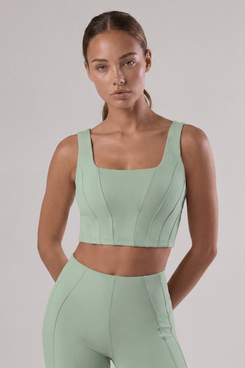 Women's Square Neck Wide Strap Corset Seam Solid Sports Bra