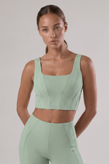 Women's Square Neck Wide Strap Corset Seam Solid Sports Bra
