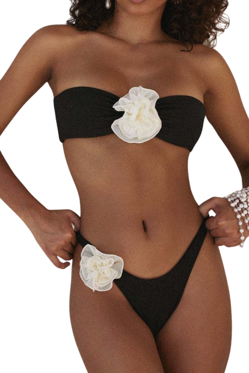 Women's 3D Floral Strapless Metal Back High Waist Bikini Set